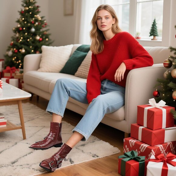 ⚡Women's Red Patent Halloween Ankle Boot Pointed Toe Chunky Heel Boots Buckles - Picture 3 of 6